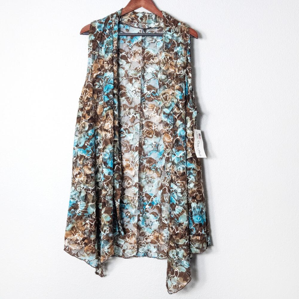 Vikki Vi Floral Tunic Cardigan Blue Brown Size 3X Bohemian Artsy